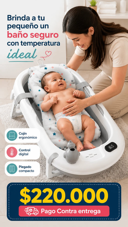 Bañera Plegable para Bebé con Termómetro Digital y Cojín de Estrellas